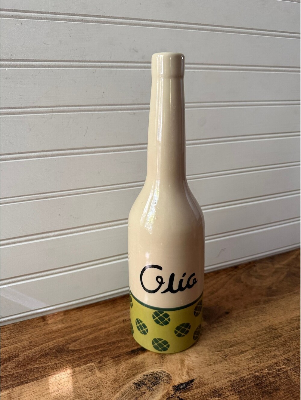 Vintage Spanish Ceramic Olive Oil Bottle – Yellow Green "Olio"